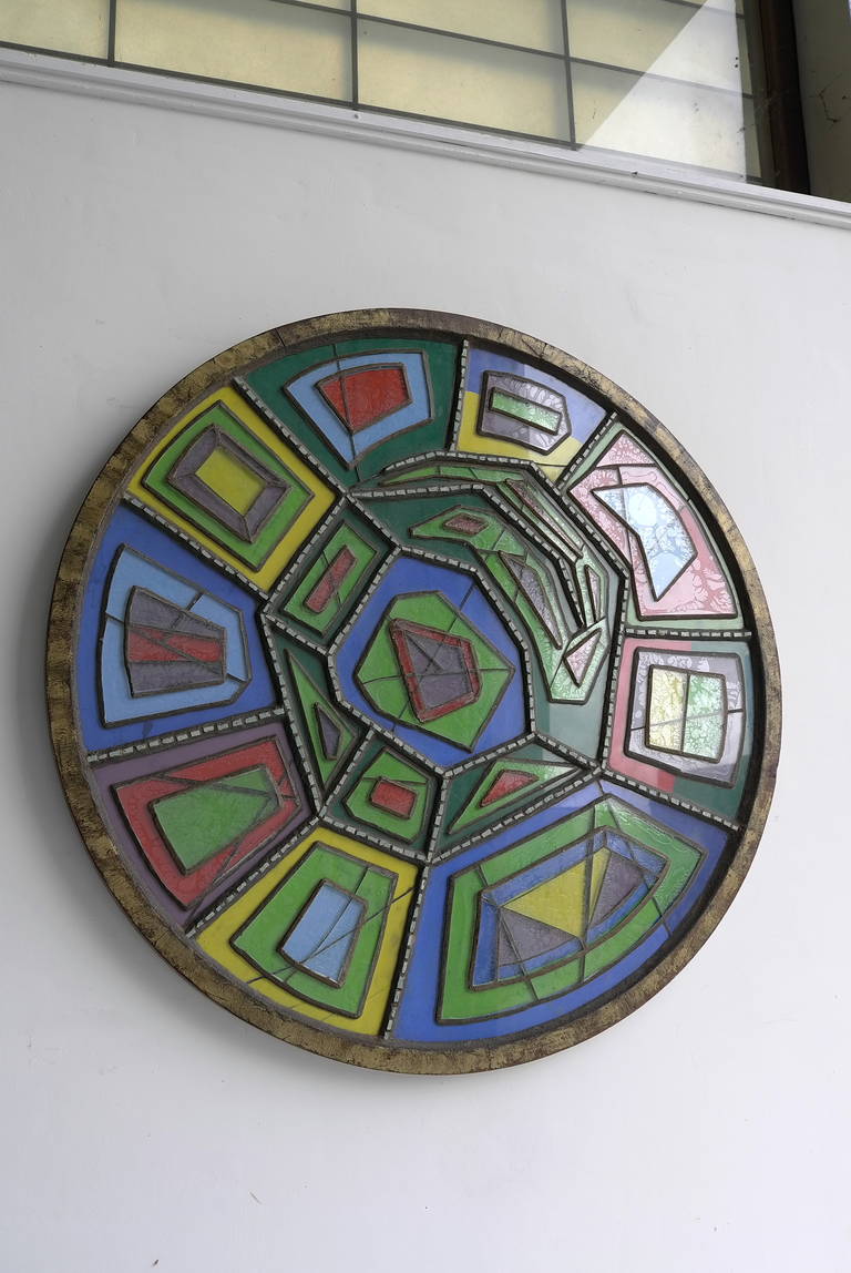 Mid-20th Century Large Midcentury Multicolored Round Glass and Concrete Wall Sculpture, 1950s For Sale