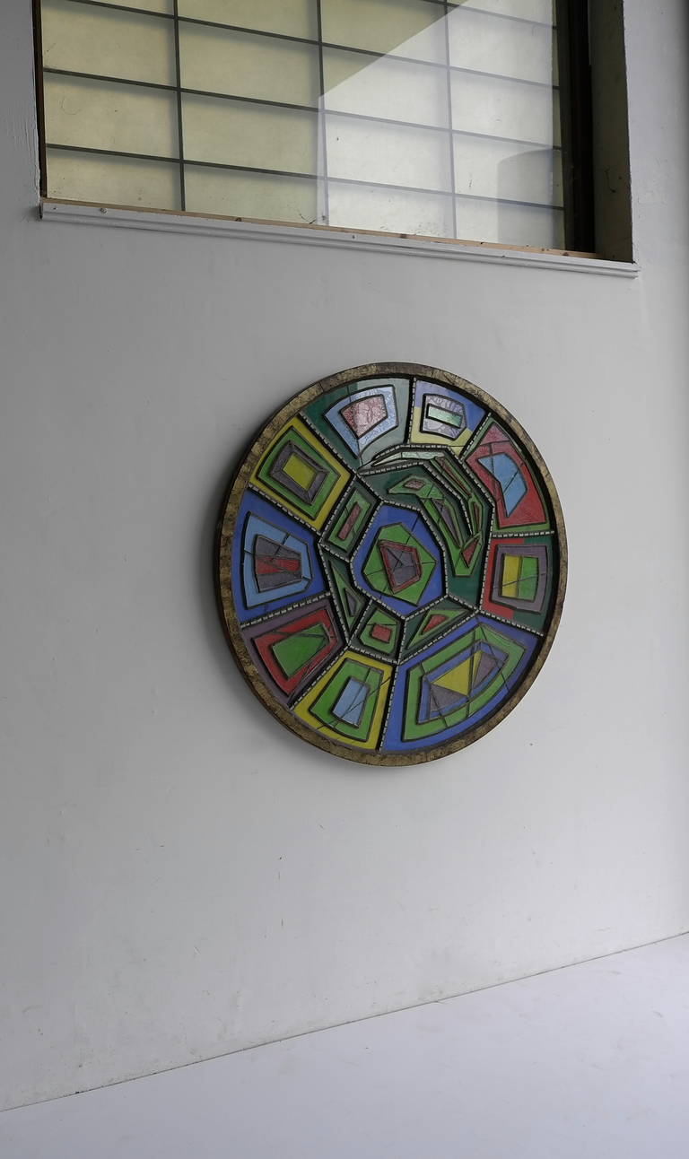 Large Midcentury Multicolored Round Glass and Concrete Wall Sculpture, 1950s In Good Condition For Sale In Den Haag, NL