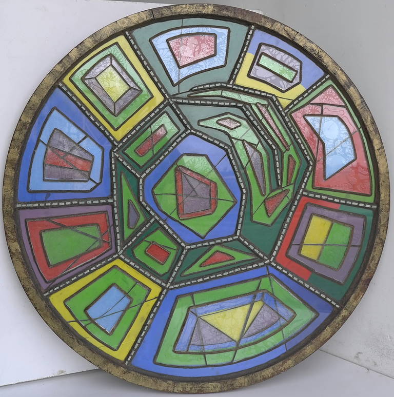 Large multicolored glass wall sculpture 1950s. Purchased in the Mid-1950s by the previous owners, artist yet unknown. Wooden frame, Colored glass mixed with concrete separation, finished with ceramic.