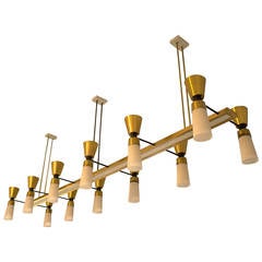 Extra Large Brass and Opaline Glass Chandelier, Italy 1960s