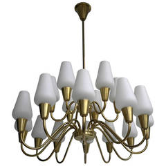 Brass and Opaline Glass Chandelier, Finland, 1960s 10