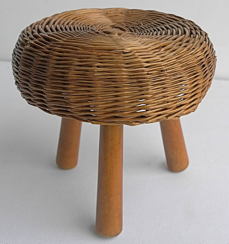 French Wicker round stool in the style of Charlotte perriand