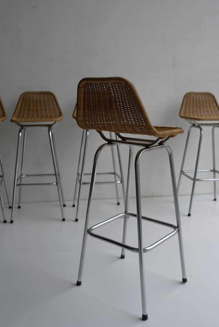 Mid-20th Century Wicker And Chrome Barstools 1960's