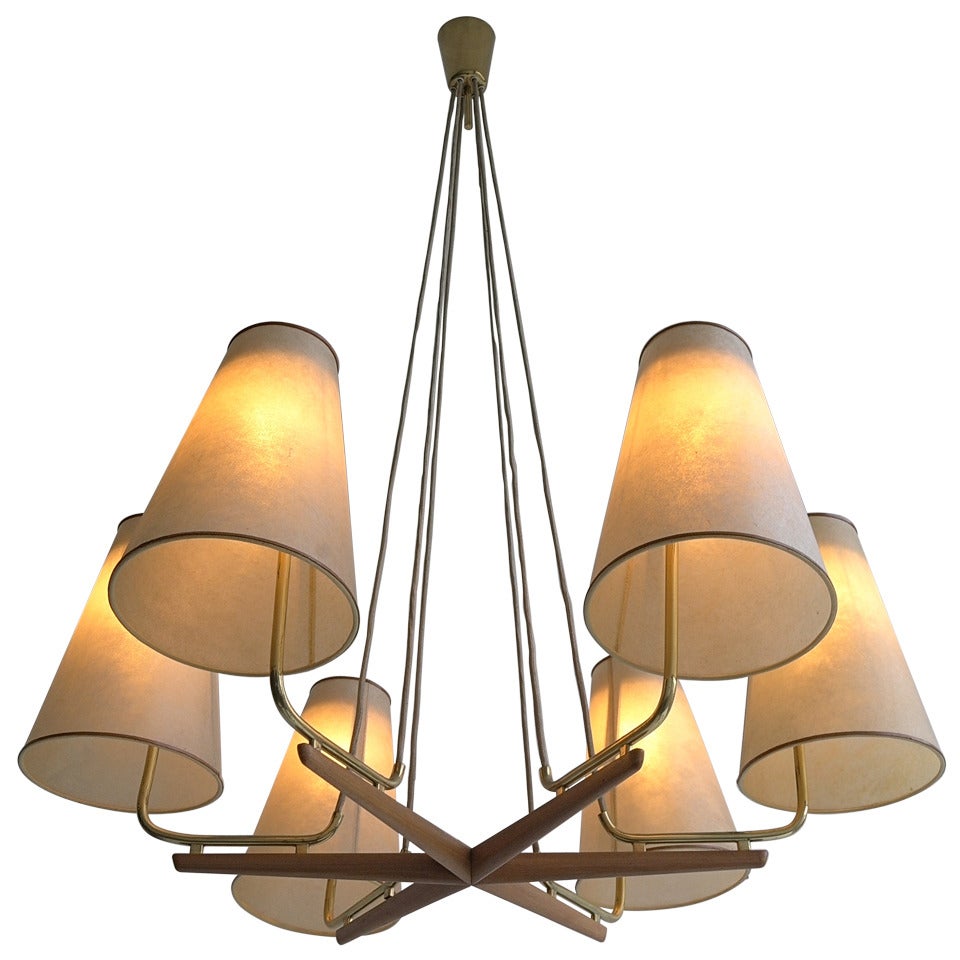 J.T. Kalmar Brass And Leather Chandelier