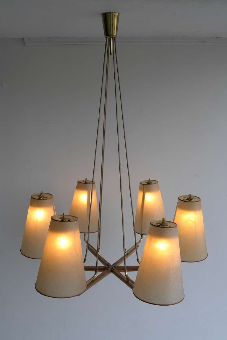Mid-20th Century J.T. Kalmar Brass And Leather Chandelier
