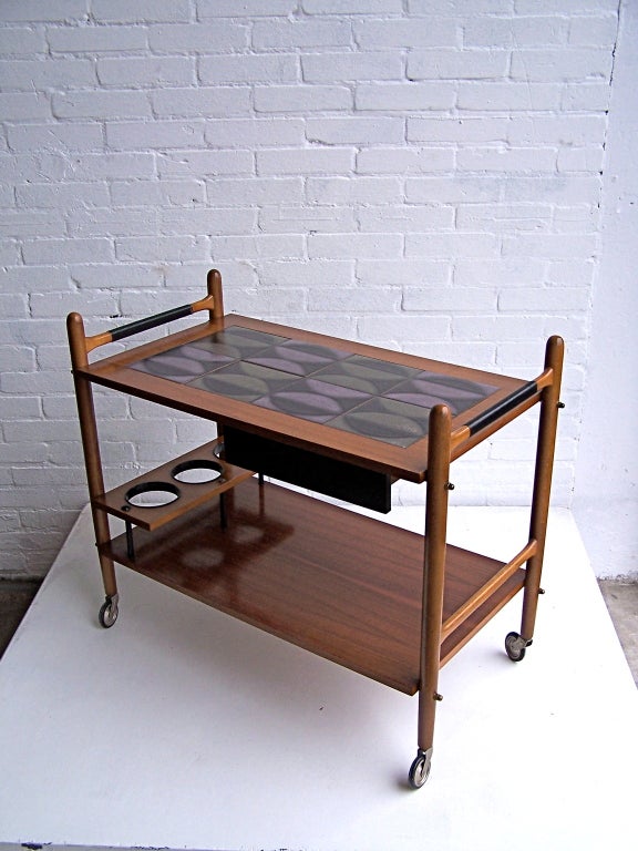 Danish Tea Cart With Abstract Tile Top 1