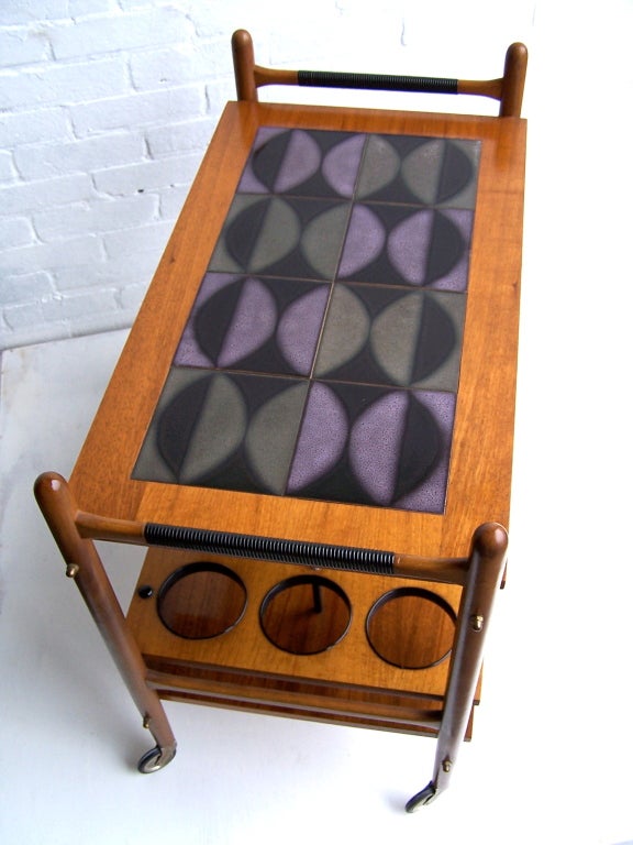 Danish Tea Cart With Abstract Tile Top 2
