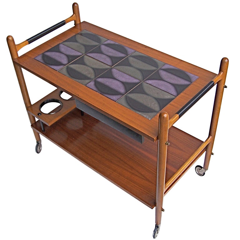 Danish Tea Cart With Abstract Tile Top