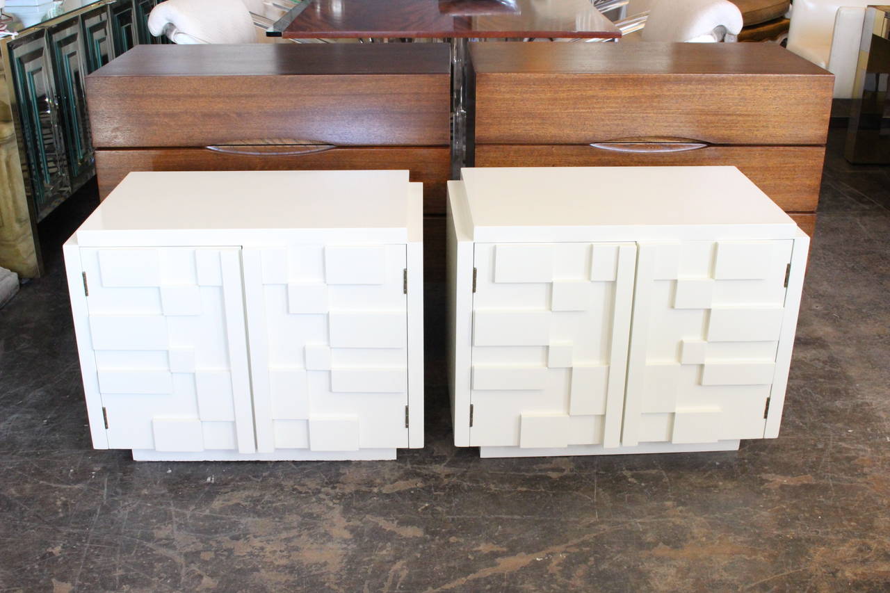 Pair of White Lacquer Brutalist Nightstands by Lane 2