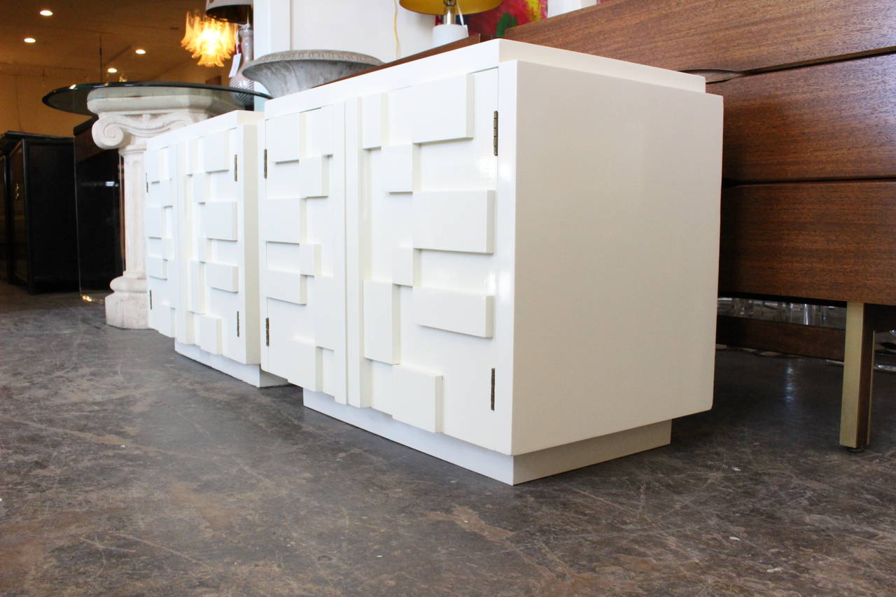 Pair of White Lacquer Brutalist Nightstands by Lane 1