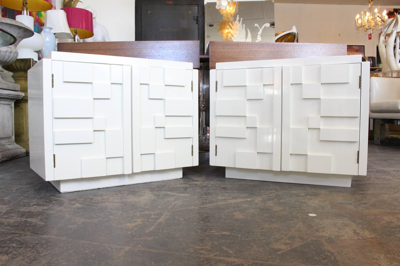 Pair of White Lacquer Brutalist Nightstands by Lane 3