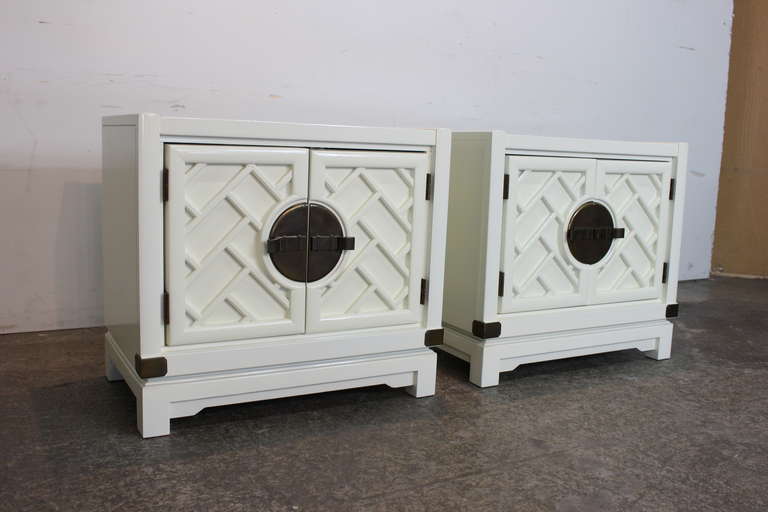 Pair White Lacquer Asian Inspired Nightstands with Bamboo Motif