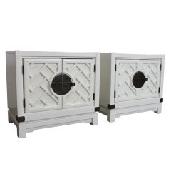 Pair White Lacquer Asian Inspired Nightstands with Bamboo Motif