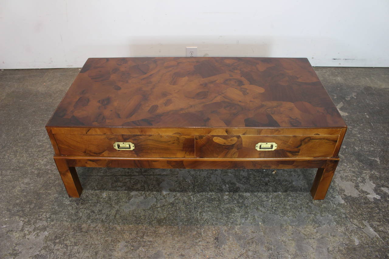 Italian burled patchwork Campaign coffee table, circa 1970s.

Dimensions: 48