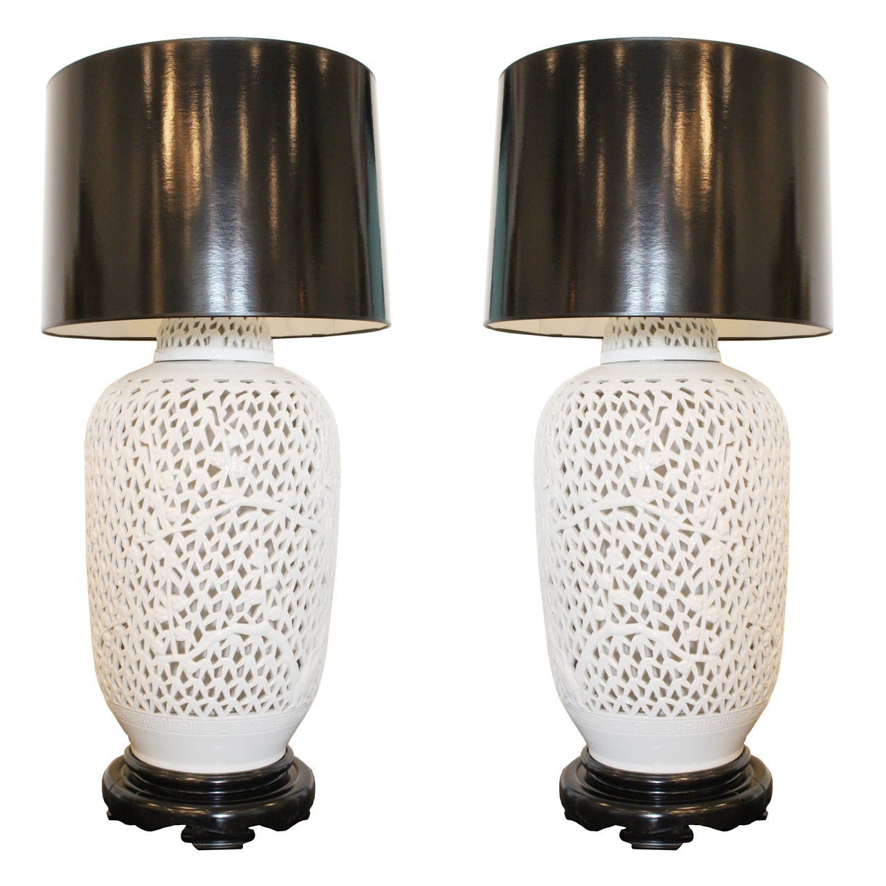 Pair of Monumental Blanc de Chine Pierced Table Lamps