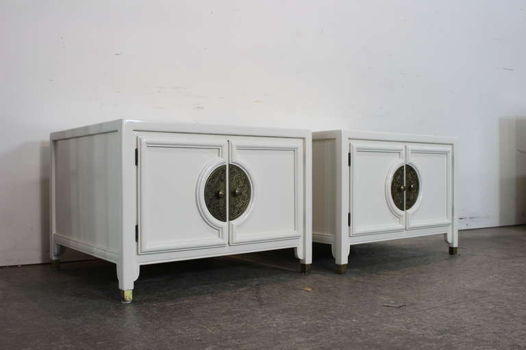 Newly lacquered side tables by Century. These low profile tables can be used as nightstands or side tables.