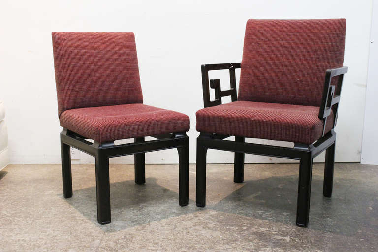 Set of six Michael Taylor for Baker dining chairs. Set consist of two armchairs and four side chairs. The armchairs have a fun greek key modern design.