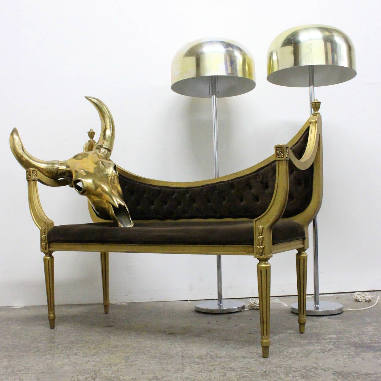 Pair of mushroom dome floor lamps by Laurel. Would recommend polishing metal or having them plated. 

Dimensions: 17