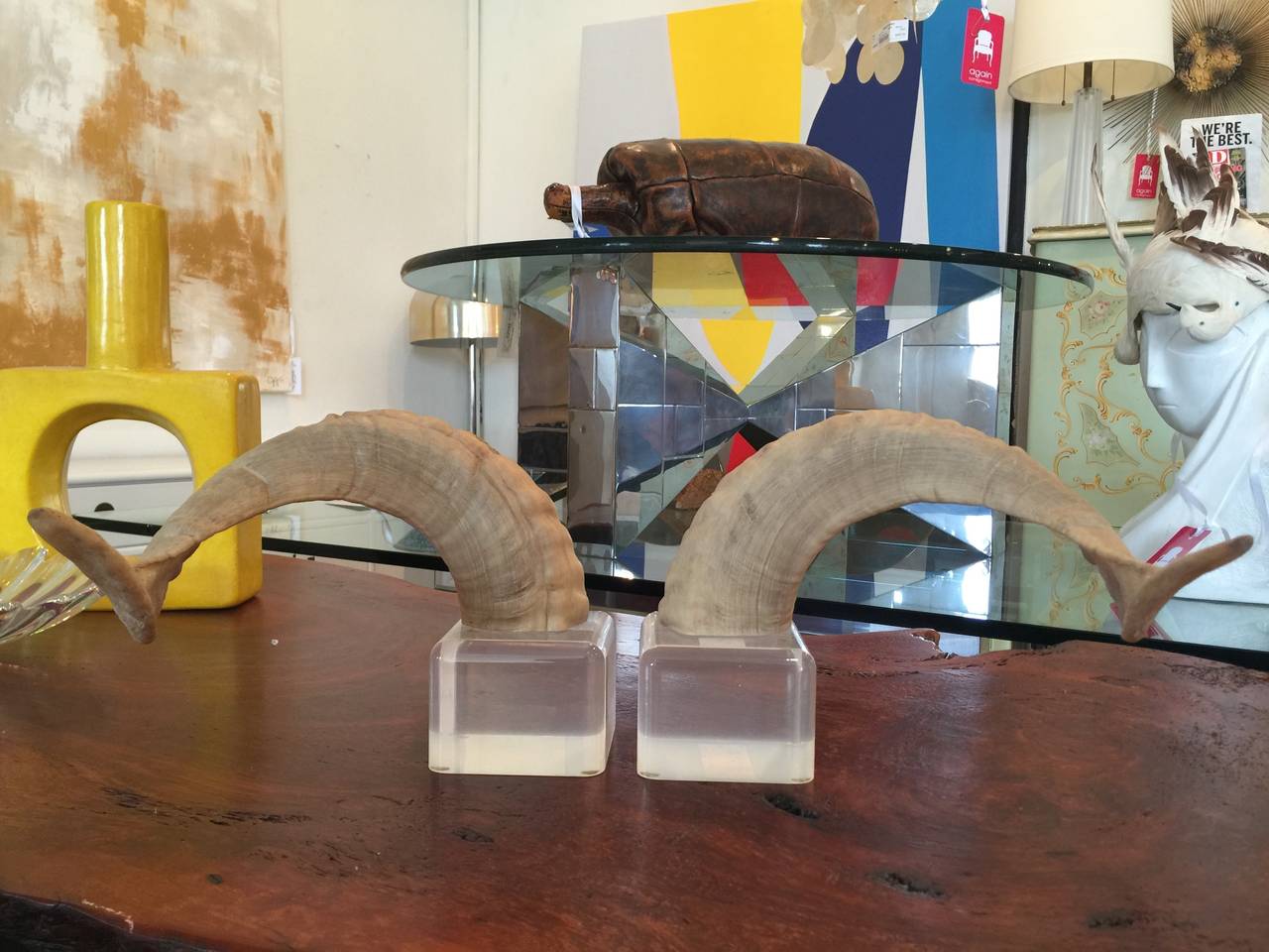 20th Century Pair Vintage Ram Horns on Lucite