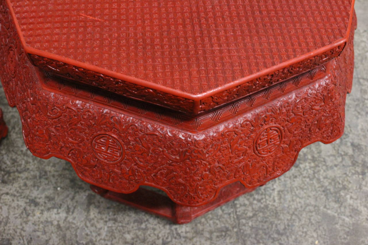 Pair of octagonal carved red lacquer Asian stools. Stools and in good vintage condition. circa 1970s.

Dimensions: 21