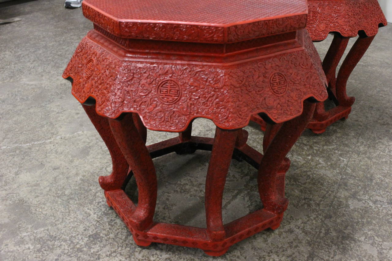 Mid-Century Modern Pair of Octagonal Red Lacquer Asian Stools