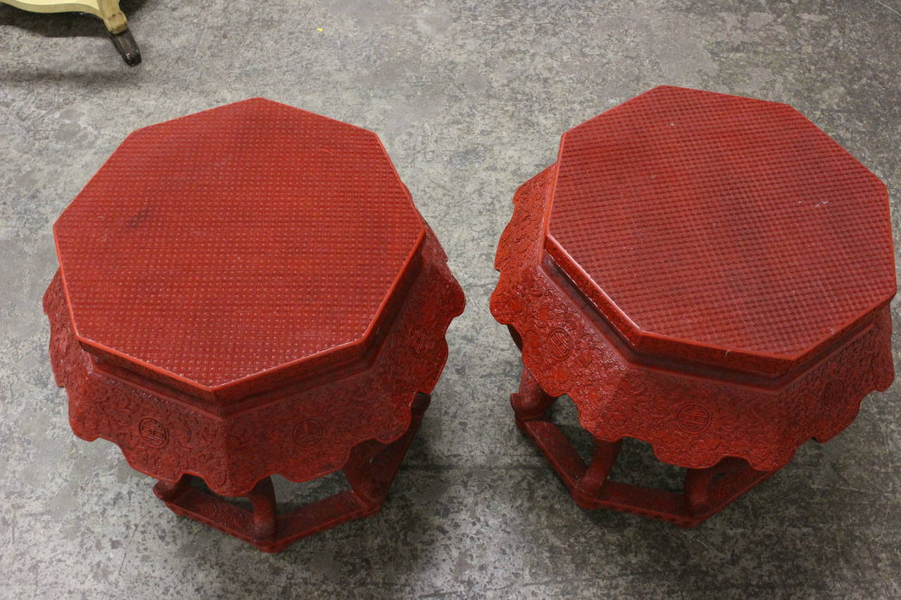 20th Century Pair of Octagonal Red Lacquer Asian Stools