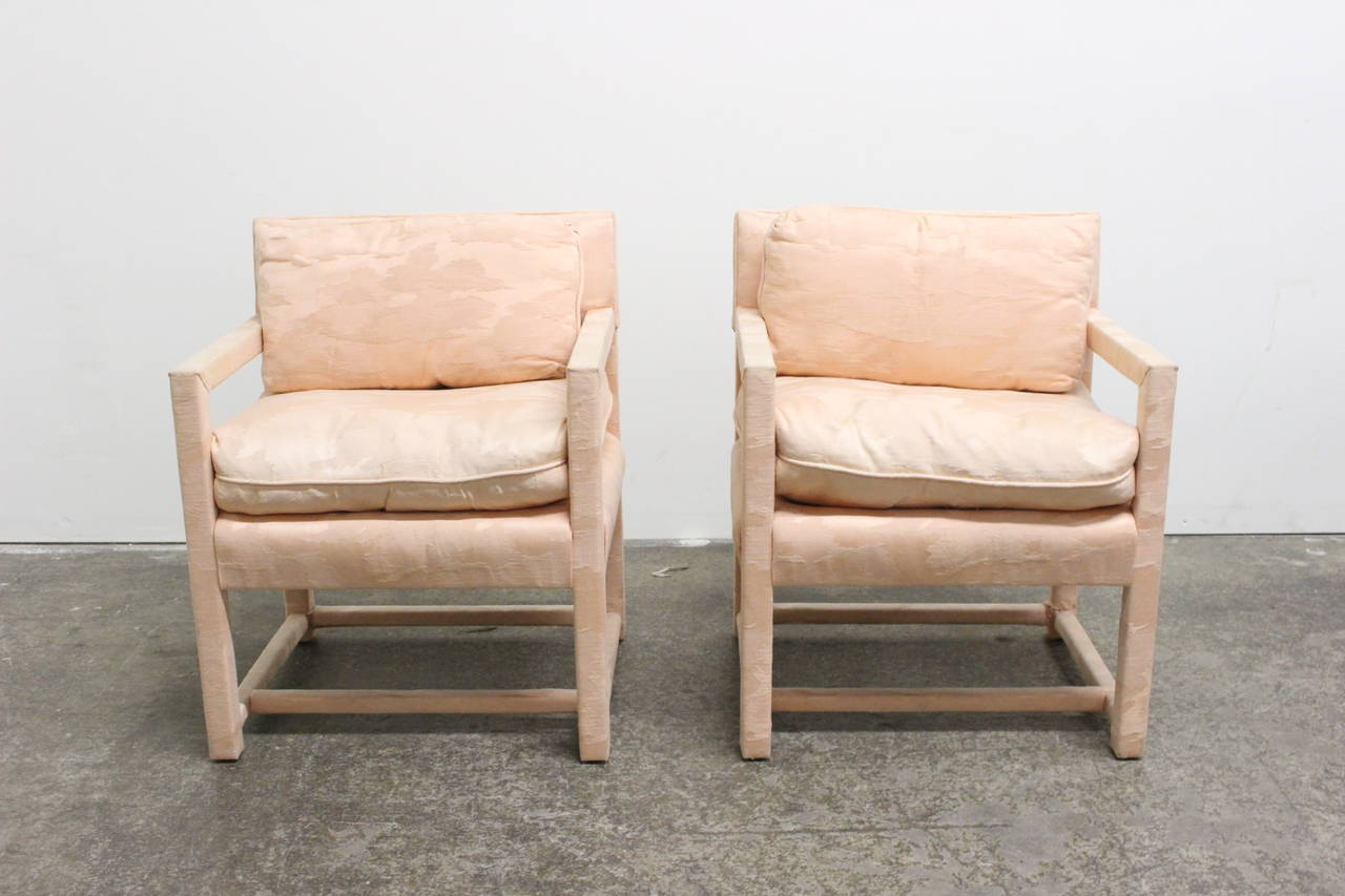 Pair of pink silk Parsons chairs by Century Furniture. These occasional chairs have the original vintage fabric. The fabric is in good condition, circa 1970s.

Dimensions: 24" x 20.5" x 30" seat height 20".