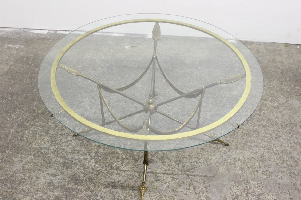 1970s Gueridon Style Brass Arrow Coffee Table In Excellent Condition In Dallas, TX