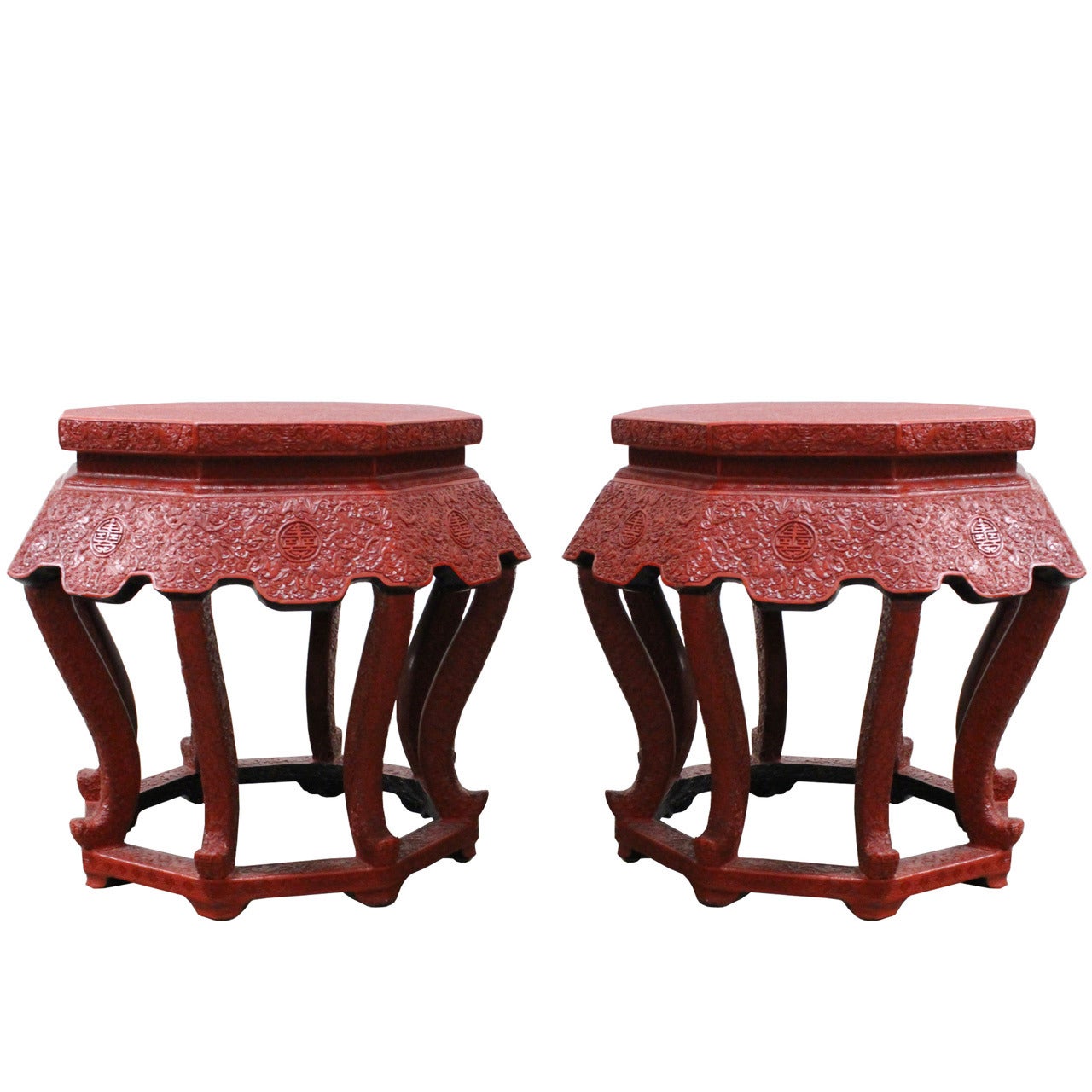 Pair of Octagonal Red Lacquer Asian Stools