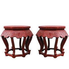 Vintage Pair of Octagonal Red Lacquer Asian Stools