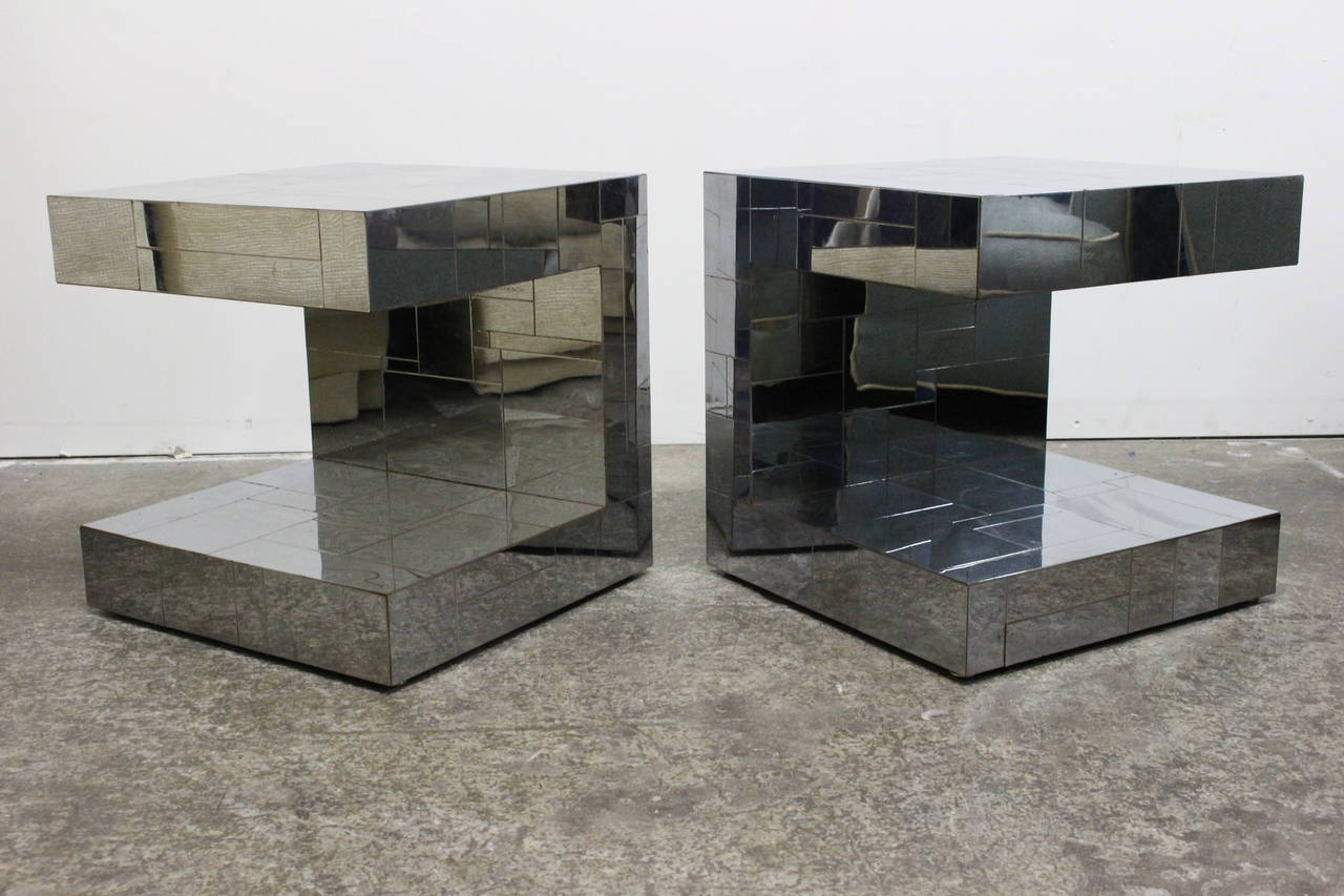 Mid-Century Modern Pair of Signed Evans Cityscape Chrome Side Tables