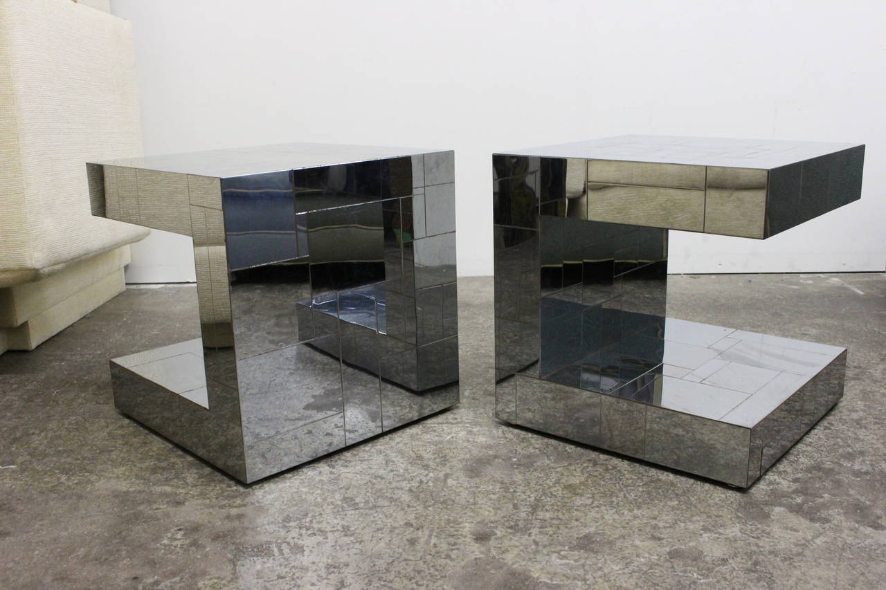 Pair of Signed Evans Cityscape Chrome Side Tables In Good Condition In Dallas, TX