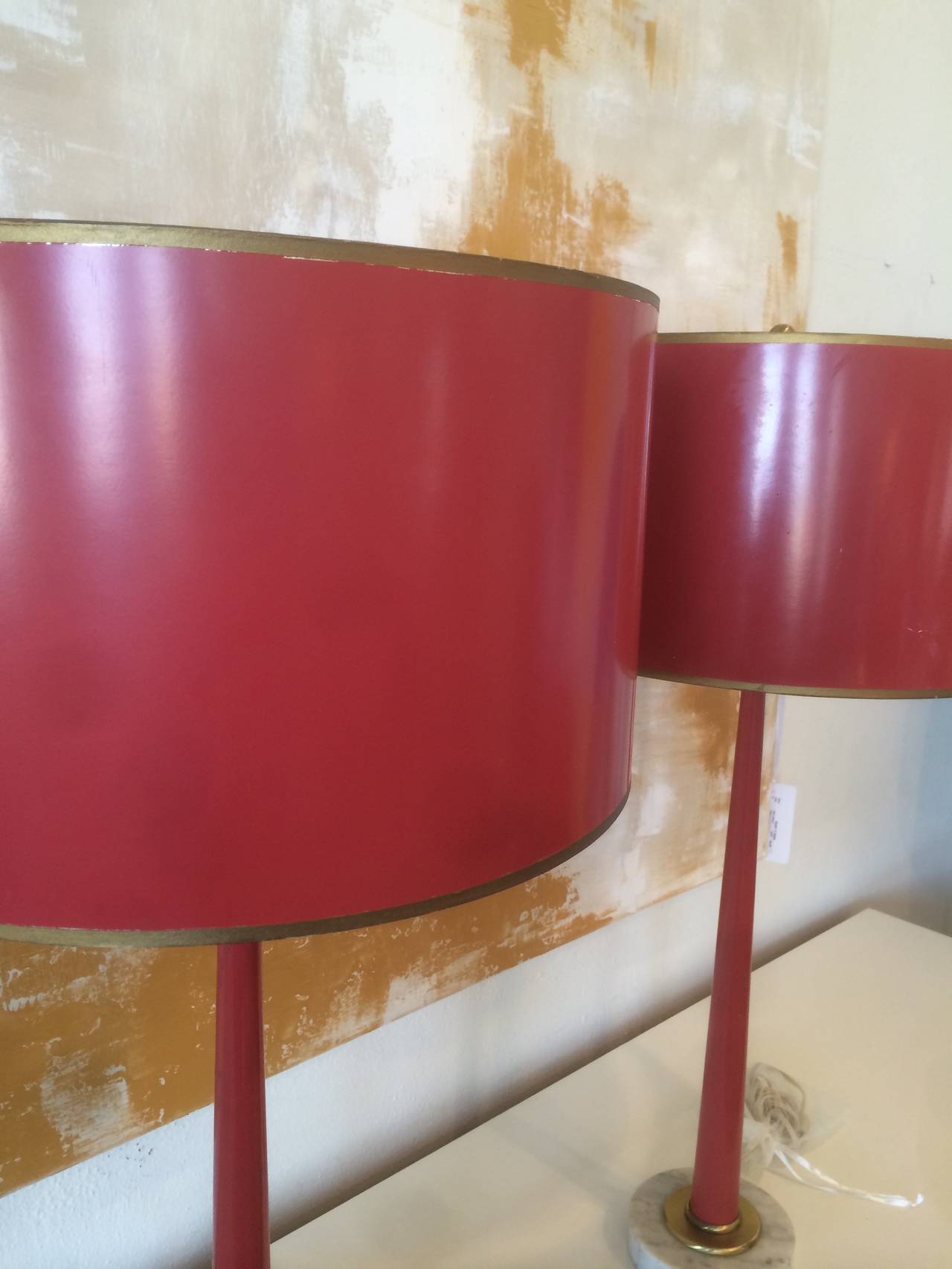 Pair of 1960s Red Lacquer Lamps and Shades 3