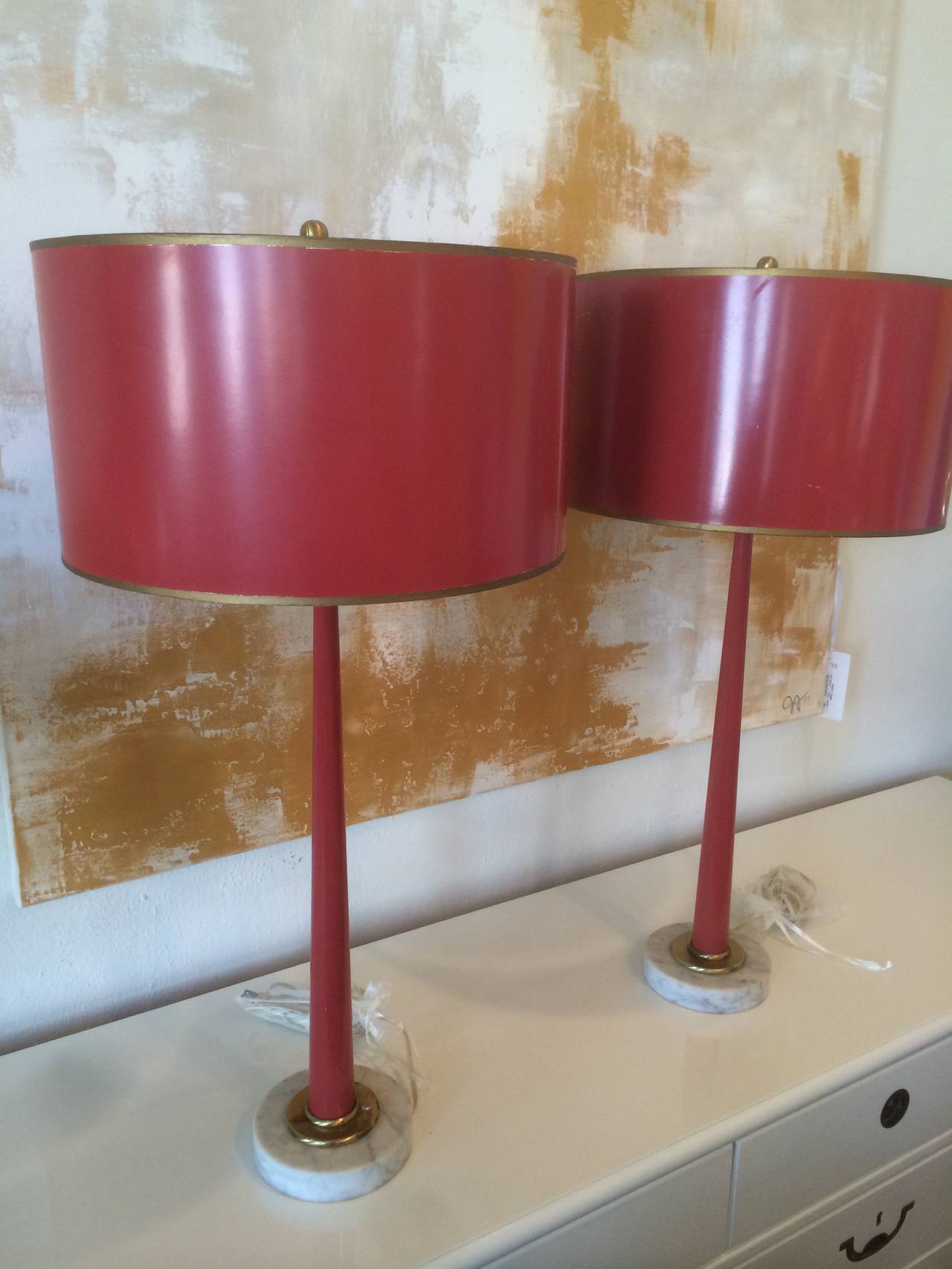 Pair of 1960s Red Lacquer Lamps and Shades In Good Condition In Dallas, TX