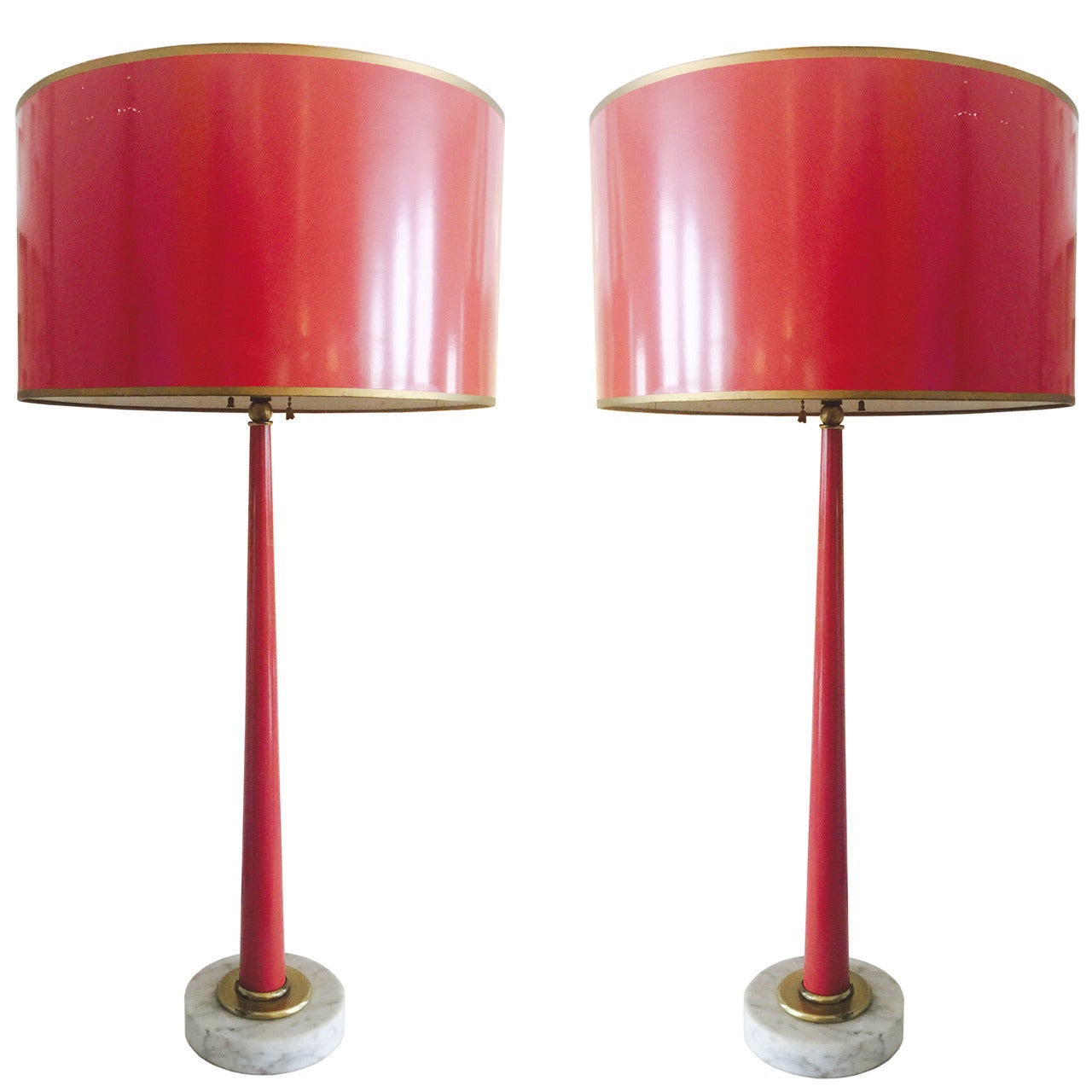 Pair of 1960s Red Lacquer Lamps and Shades
