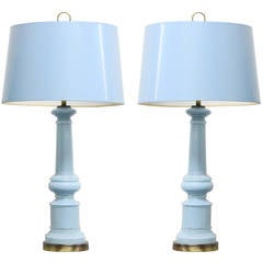 Vintage Pair of 1960s Light Blue Glass Lamps with Lacquered Matching Shades