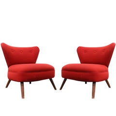 Pair of 1940s Red Wingback Slipper Chairs in the Style of Gilbert Rohde