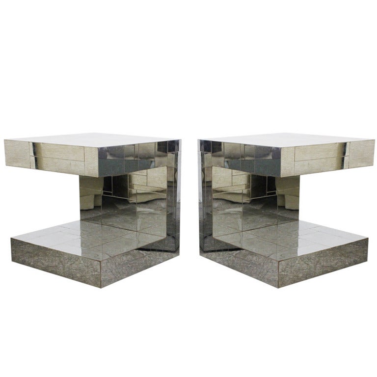 Pair of Signed Evans Cityscape Chrome Side Tables