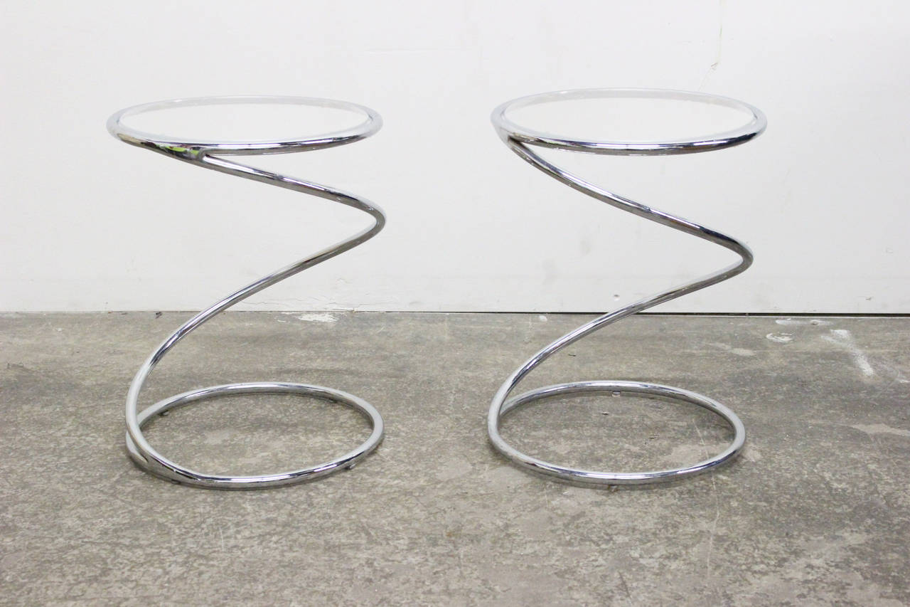Pair of chrome spiral side tables by Pace, circa 1970s.

Dimensions: 13.5" diameter x 18".
