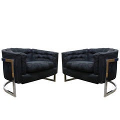Vintage Pair of Monumental Scale Cantilevered Tub Chairs in the style of Milo Baughman 