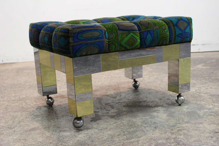 This gorgeous bench was designed by Paul Evans for Directional. It is in very good vintage condition and has the original Jack Lenor Larsen upholstery! It is truly a little jewel.

26
