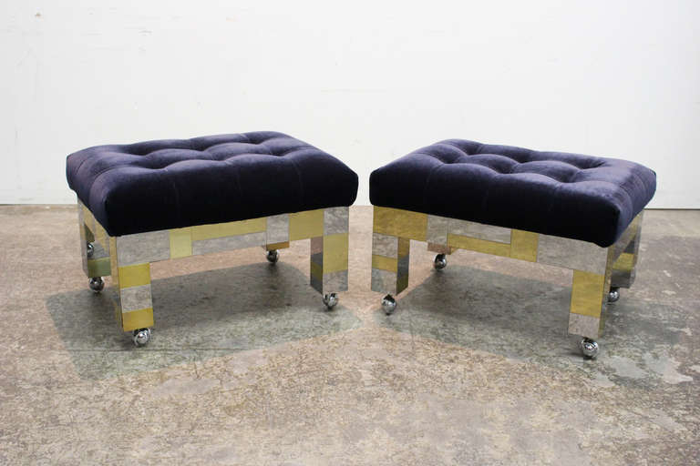 These Cityscape benches were designed by Paul Evans for Directional. They are in very good vintage condition and have been reupholstered in black mohair. The original tag is still affixed to each bench.

*matching console table available on our