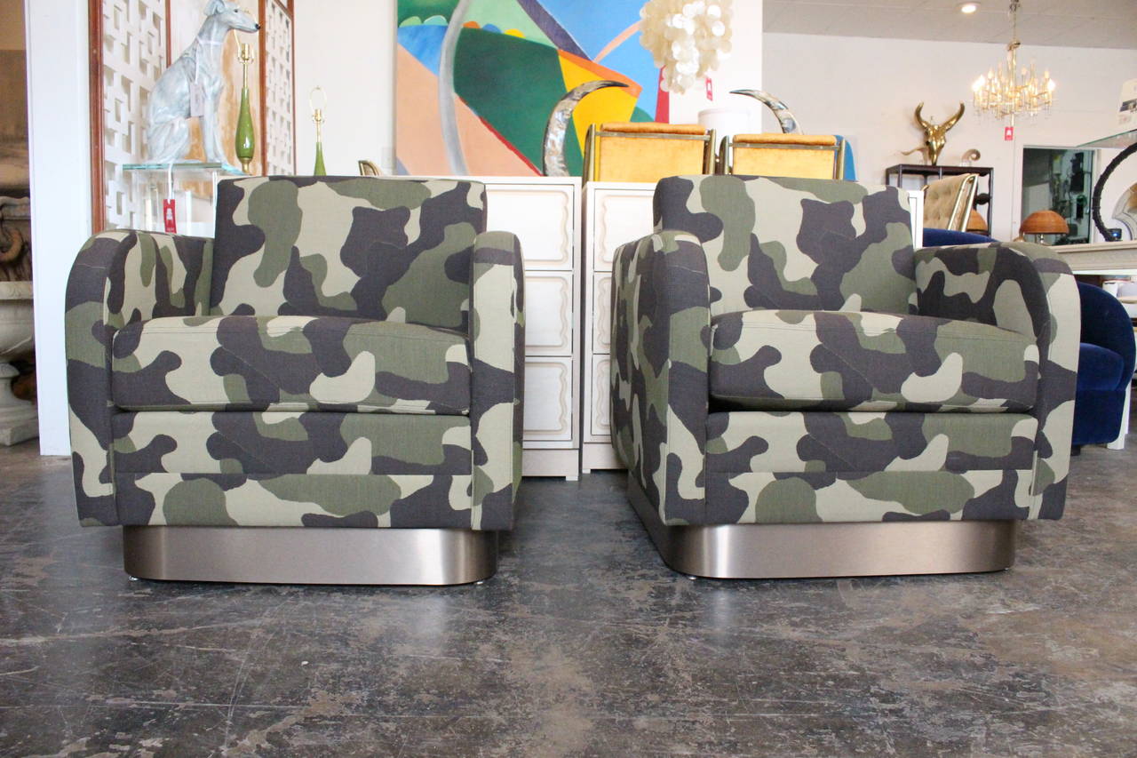 Newly Upholstered Cube Chairs in David Sutherland Camouflage Fabric