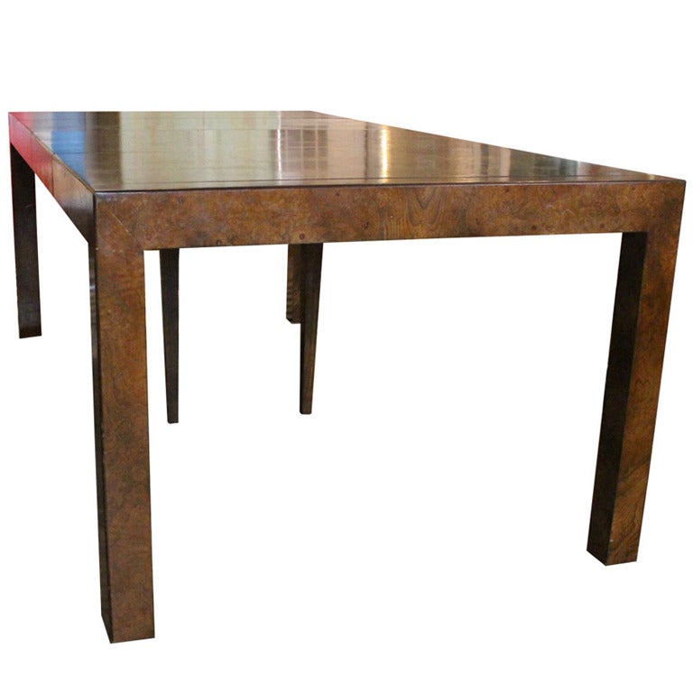 Burl dining or console table by John Widdicomb. Matchbook veneers. Includes three leaves (20"each) and two center support legs, circa 1970s.

Dimensions: 79" x 40" x 29" dining table.
Dimensions: 19" x 40" x 29"