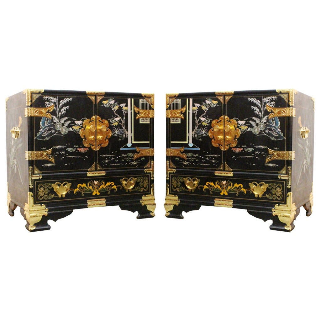 Pair of Hand-Painted Asian Nightstands