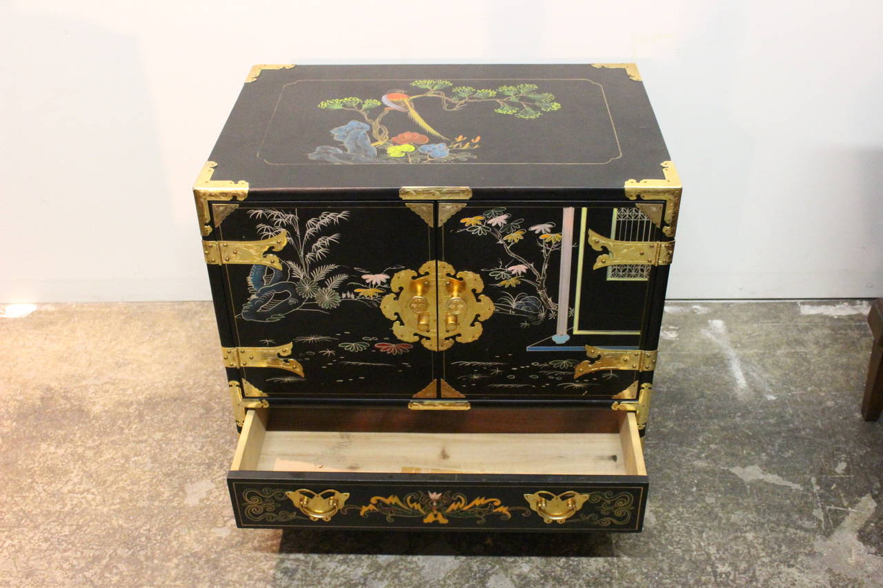 Brass Pair of Hand-Painted Asian Nightstands
