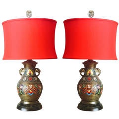 Pair of Bronze French Champlevé Lamps