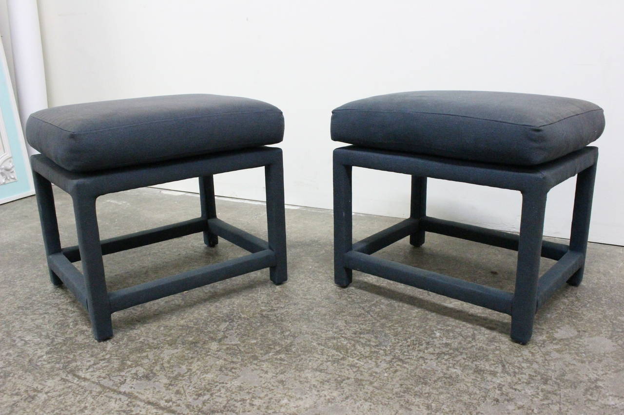 Pair of blue parson stools by Milo Baughman for Thayer Coggin, circa 1970s.

Dimensions: 21