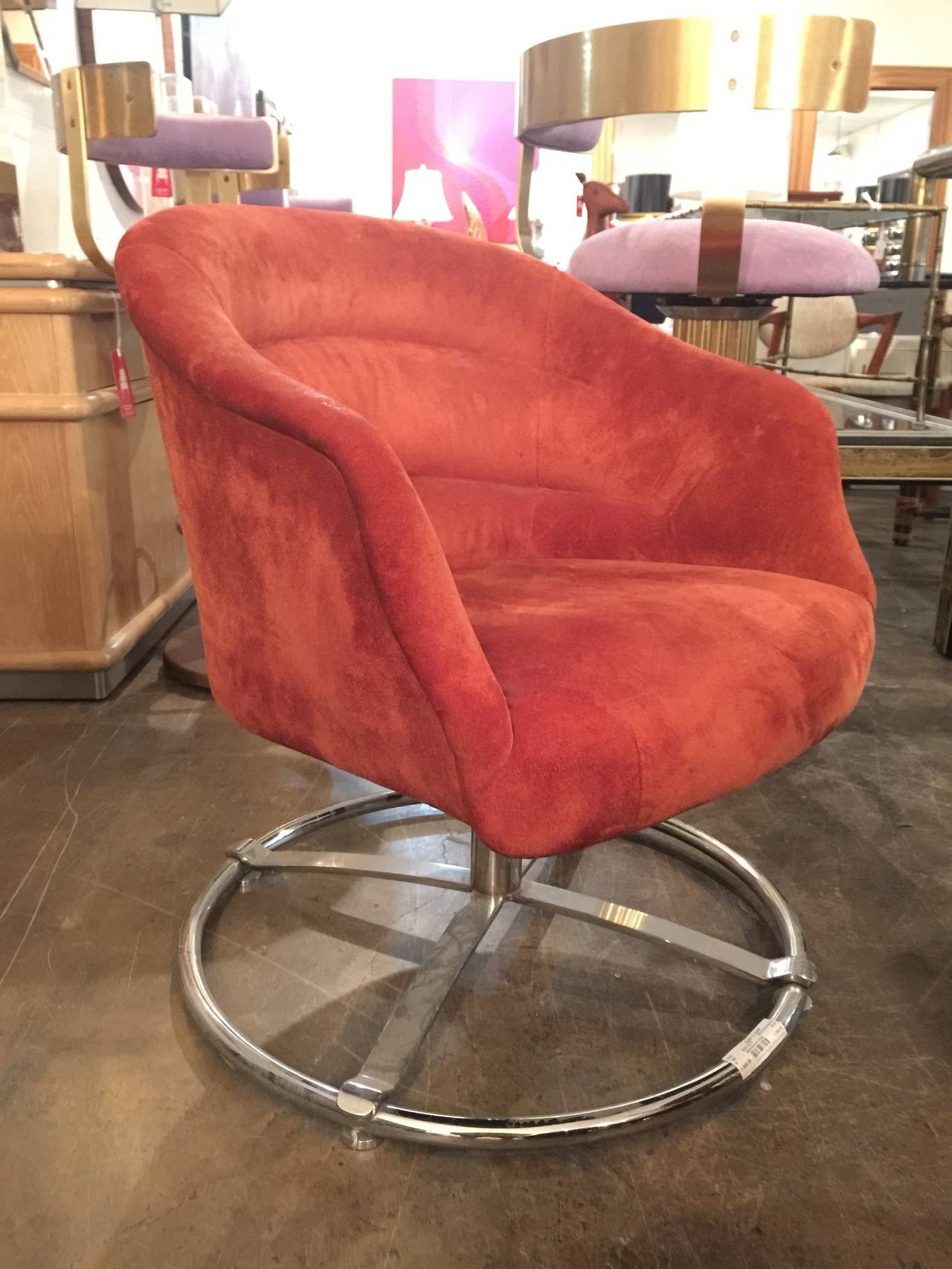 Single Suede Modern Swivel Chair with Chrome Base by Ward Bennett