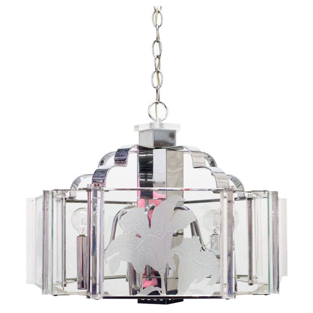 Lustre de style Art Déco en chrome et verre de Fredrick Raymond